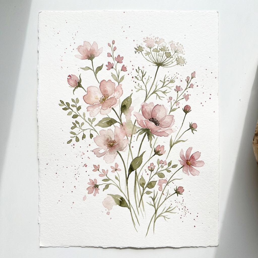 Delicate watercolour floral illustration with soft pinks and sage greens